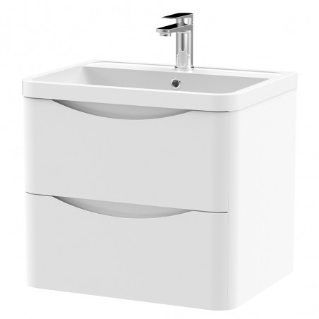 Lunar 600mm Wall Hung 2 Drawer Vanity Unit with Polymarble Basin - Satin White