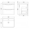 Lunar 600mm Wall Hung 2 Drawer Vanity Unit with Polymarble Basin - Satin White - Technical Drawing