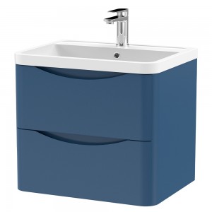 Lunar 600mm Wall Hung 2 Drawer Vanity Unit with Polymarble Basin - Satin Blue