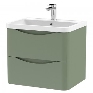 Lunar 600mm Wall Hung 2 Drawer Vanity Unit with Polymarble Basin - Satin Green