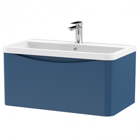 Lunar 800mm Wall Hung 1 Drawer Vanity Unit with Polymarble Basin - Satin Blue
