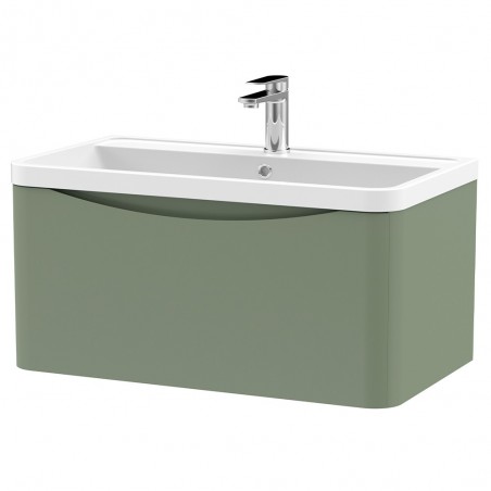 Lunar 800mm Wall Hung 1 Drawer Vanity Unit with Polymarble Basin - Satin Green