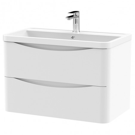 Lunar 800mm Wall Hung 2 Drawer Vanity Unit with Polymarble Basin - Satin White
