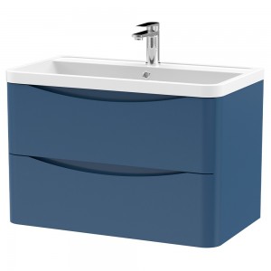 Lunar 800mm Wall Hung 2 Drawer Vanity Unit with Polymarble Basin - Satin Blue