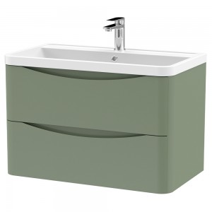 Lunar 800mm Wall Hung 2 Drawer Vanity Unit with Polymarble Basin - Satin Green