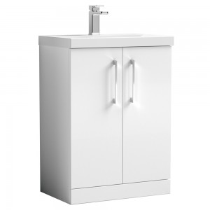 Arno Gloss White 600mm Freestanding 2 Door Vanity Unit with Mid-Edge Basin