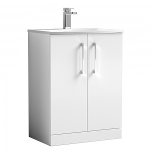 Arno Gloss White 600mm Freestanding 2 Door Vanity Unit with Curved Basin