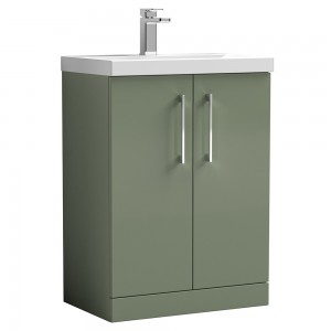 Arno Satin Green 600mm Freestanding 2 Door Vanity Unit with Mid-Edge Basin