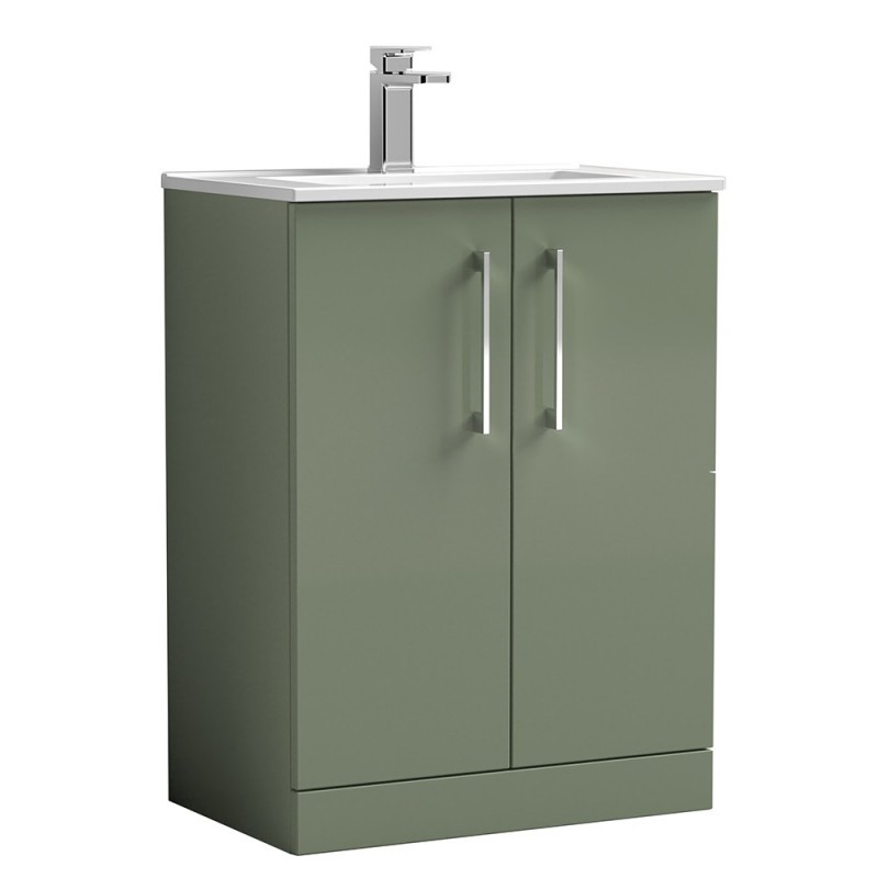 Arno Satin Green 600mm Freestanding 2 Door Vanity Unit with Minimalist Basin