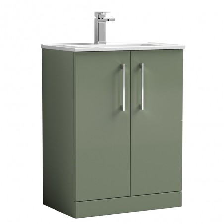 Arno Satin Green 600mm Freestanding 2 Door Vanity Unit with Minimalist Basin