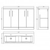 Arno 1200mm Freestanding 4 Door Vanity Unit with Double Ceramic Basin - Satin Green - Technical Drawing