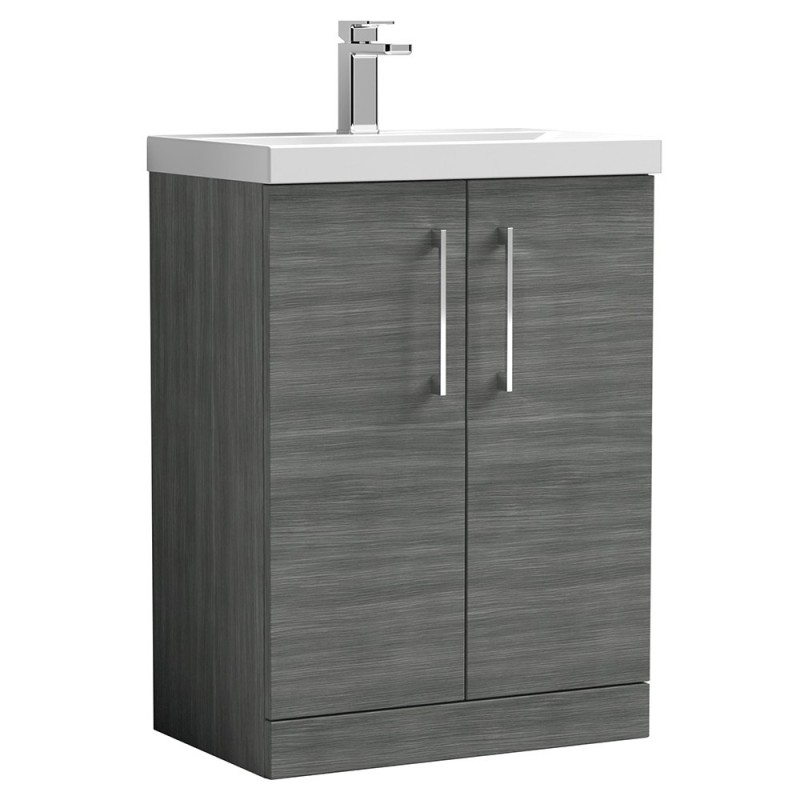 Arno Anthracite Woodgrain 600mm Freestanding 2 Door Vanity Unit with Thin-Edge Basin