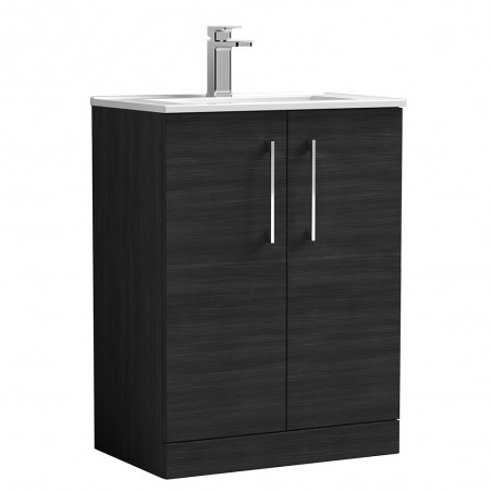 Arno Charcoal Black Woodgrain 600mm Freestanding 2 Door Vanity Unit with Minimalist Basin