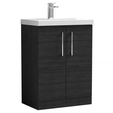 Arno Charcoal Black Woodgrain 600mm Freestanding 2 Door Vanity Unit with Thin-Edge Basin