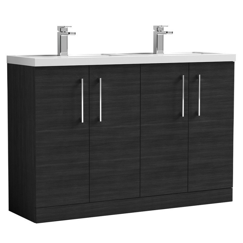 Arno 1200mm Freestanding 4 Door Vanity Unit with Double Polymarble Basin - Charcoal Black Woodgrain