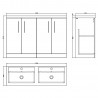 Arno 1200mm Freestanding 4 Door Vanity Unit with Double Polymarble Basin - Charcoal Black Woodgrain - Technical Drawing