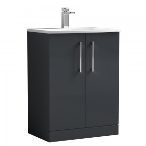 Arno 600mm Freestanding 2 Door Vanity Unit with Curved Ceramic Basin - Soft Black