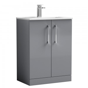 Arno 600mm Freestanding 2 Door Vanity Unit with Minimalist Ceramic Basin - Satin Grey