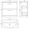 Arno Solace Oak Woodgrain 800mm Freestanding 2 Drawer Vanity Unit with Curved Basin - Technical Drawing