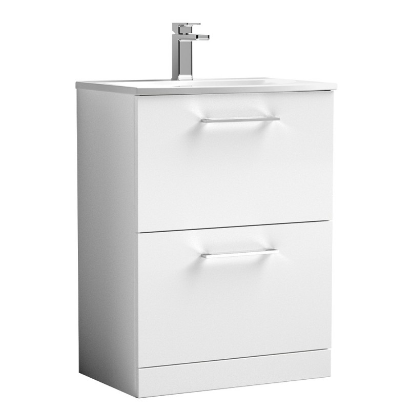 Arno Gloss White 600mm Freestanding 2 Drawer Vanity Unit with Curved Basin