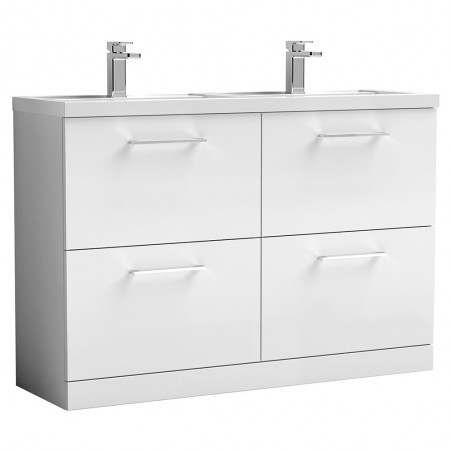 Arno 1200mm Freestanding 4 Drawer Vanity Unit with Double Polymarble Basin - Gloss White