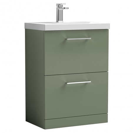 Arno Satin Green 600mm Freestanding 2 Drawer Vanity Unit with Mid-Edge Basin