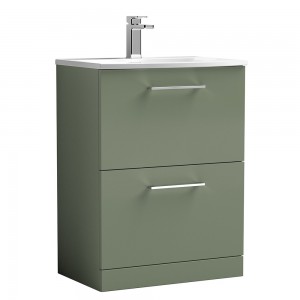 Arno Satin Green 600mm Freestanding 2 Drawer Vanity Unit with Curved Basin