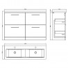 Arno 1200mm Freestanding 4 Drawer Vanity Unit with Double Ceramic Basin - Satin Green - Technical Drawing