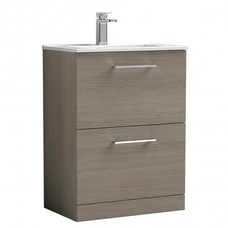 Arno Solace Oak Woodgrain 600mm Freestanding 2 Drawer Vanity Unit with Minimalist Basin