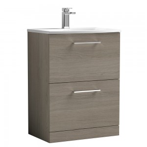 Arno Solace Oak Woodgrain 600mm Freestanding 2 Drawer Vanity Unit with Curved Basin
