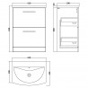 Arno Solace Oak Woodgrain 600mm Freestanding 2 Drawer Vanity Unit with Curved Basin - Technical Drawing
