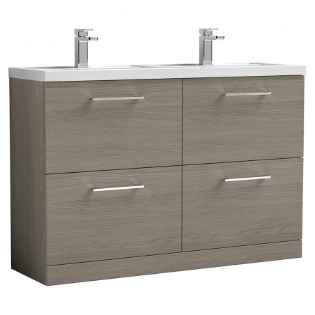 Arno 1200mm Freestanding 4 Drawer Vanity Unit with Double Polymarble Basin - Solace Oak Woodgrain