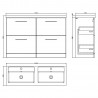 Arno 1200mm Freestanding 4 Drawer Vanity Unit with Double Polymarble Basin - Solace Oak Woodgrain - Technical Drawing