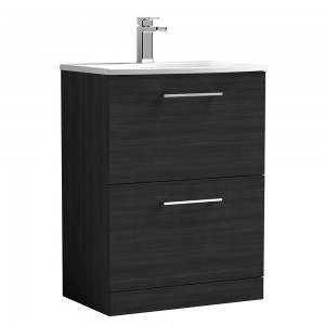 Arno Charcoal Black Woodgrain 600mm Freestanding 2 Drawer Vanity Unit with Curved Basin