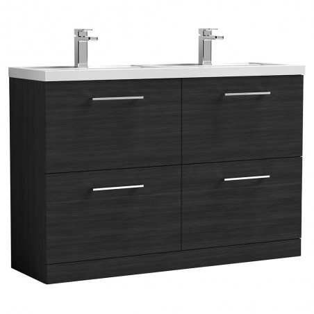 Arno 1200mm Freestanding 4 Drawer Vanity Unit with Double Polymarble Basin - Charcoal Black Woodgrain