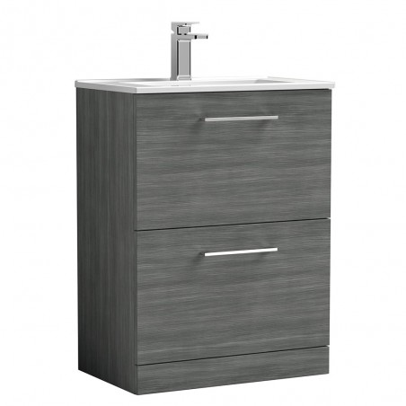 Arno Anthracite Woodgrain 600mm Freestanding 2 Drawer Vanity Unit with Minimalist Basin