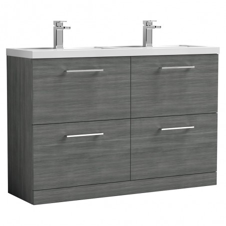 Arno 1200mm Freestanding 4 Drawer Vanity Unit with Double Polymarble Basin - Anthracite Woodgrain