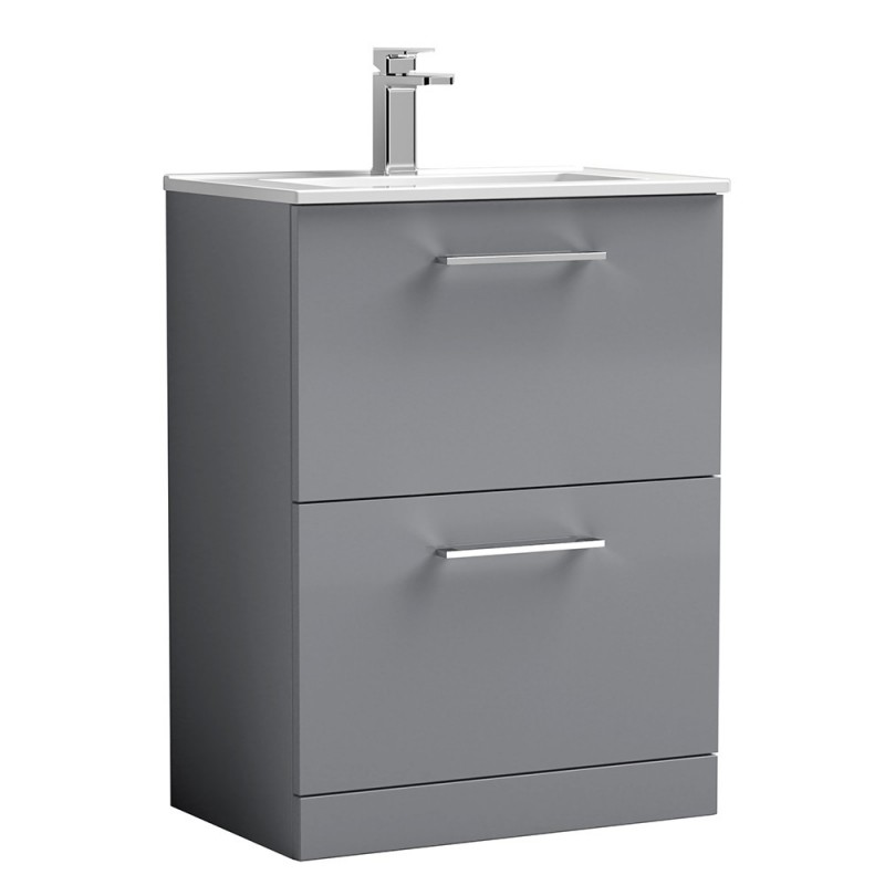 Arno 600mm Freestanding 2 Drawer Vanity & Minimalist Ceramic Basin - Satin Grey