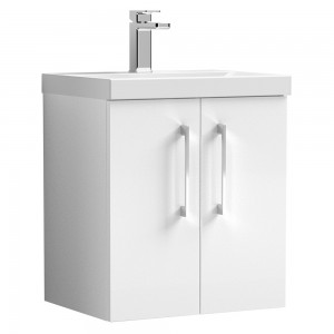 Arno Gloss White 500mm Wall Hung 2 Door Vanity Unit with Mid-Edge Basin