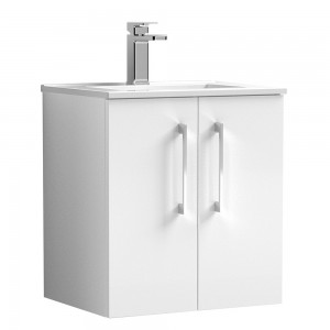 Arno Gloss White 500mm Wall Hung 2 Door Vanity Unit with Minimalist Basin