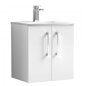 Arno Gloss White 500mm Wall Hung 2 Door Vanity Unit with Curved Basin