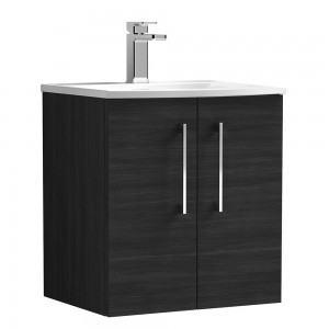 Arno Charcoal Black Woodgrain 500mm Wall Hung 2 Door Vanity Unit with Curved Basin