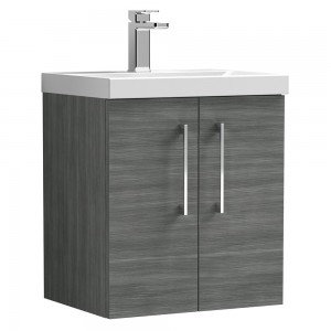 Arno Anthracite Woodgrain 500mm Wall Hung 2 Door Vanity Unit with Mid-Edge Basin