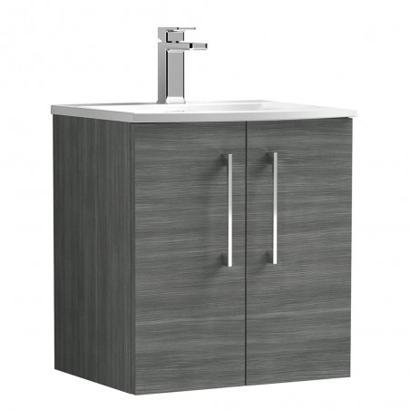 Arno Anthracite Woodgrain 500mm Wall Hung 2 Door Vanity Unit with Curved Basin