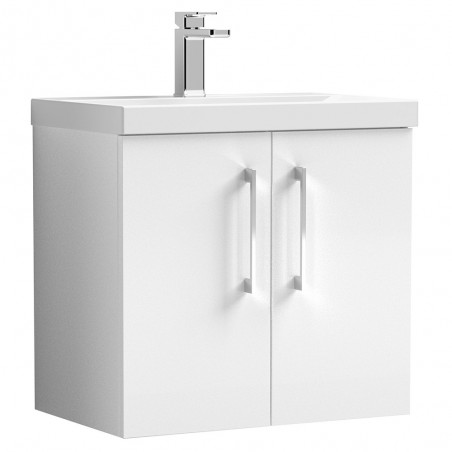 Arno Gloss White 600mm Wall Hung 2 Door Vanity Unit with Mid-Edge Basin