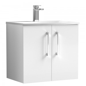 Arno Gloss White 600mm Wall Hung 2 Door Vanity Unit with Curved Basin