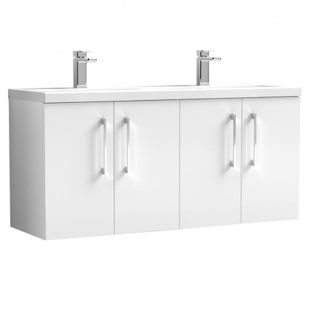 Arno Gloss White 1200mm Wall Hung 4 Door Vanity Unit with Double Basin