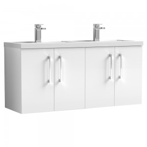 Arno Gloss White 1200mm Wall Hung 4 Door Vanity Unit with Double Basin