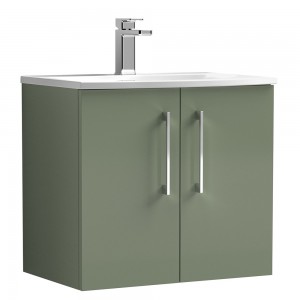 Arno Satin Green 600mm Wall Hung 2 Door Vanity Unit with Curved Basin