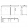 Arno Satin Green 1200mm Wall Hung 4 Door Vanity Unit with Double Basin - Technical Drawing